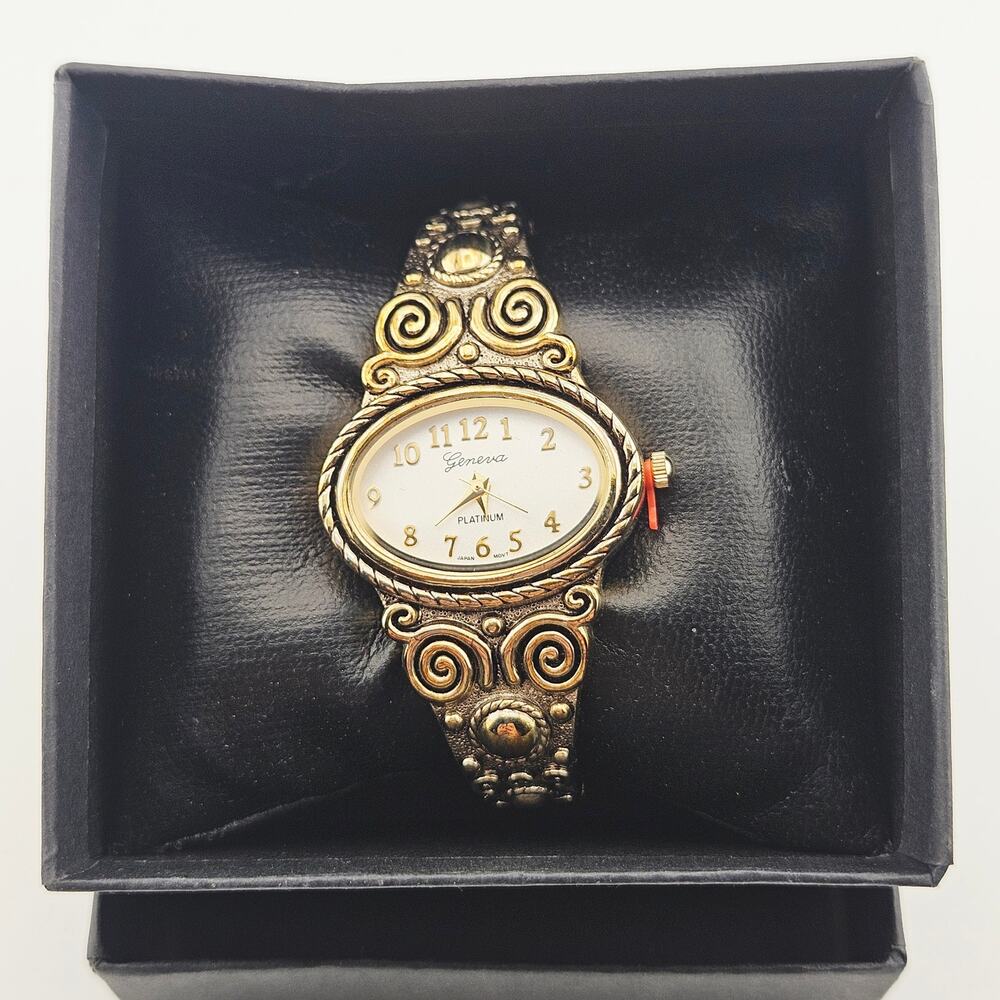 Geneva Bronze Gold Tone Cuff Bracelet Watch Ornate Swirl Two Tone Artsy Whimsy